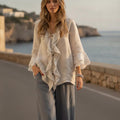 Daisy Beige Linen Ruffle Blouse — Paris Boutique
