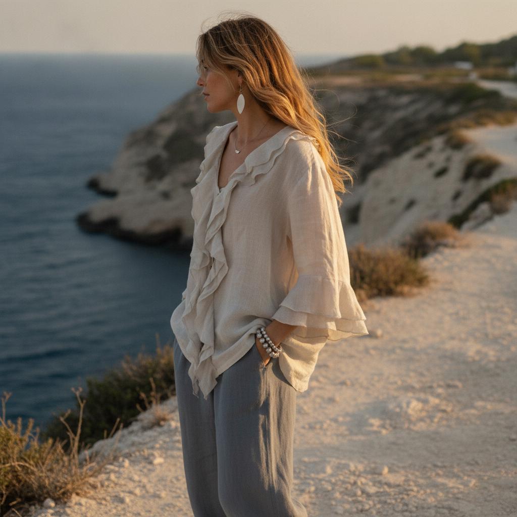 Daisy Beige Linen Ruffle Blouse — view 3