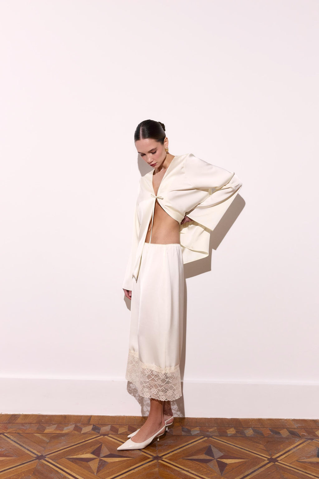 Romy White Satin Midi Skirt — Paris Boutique