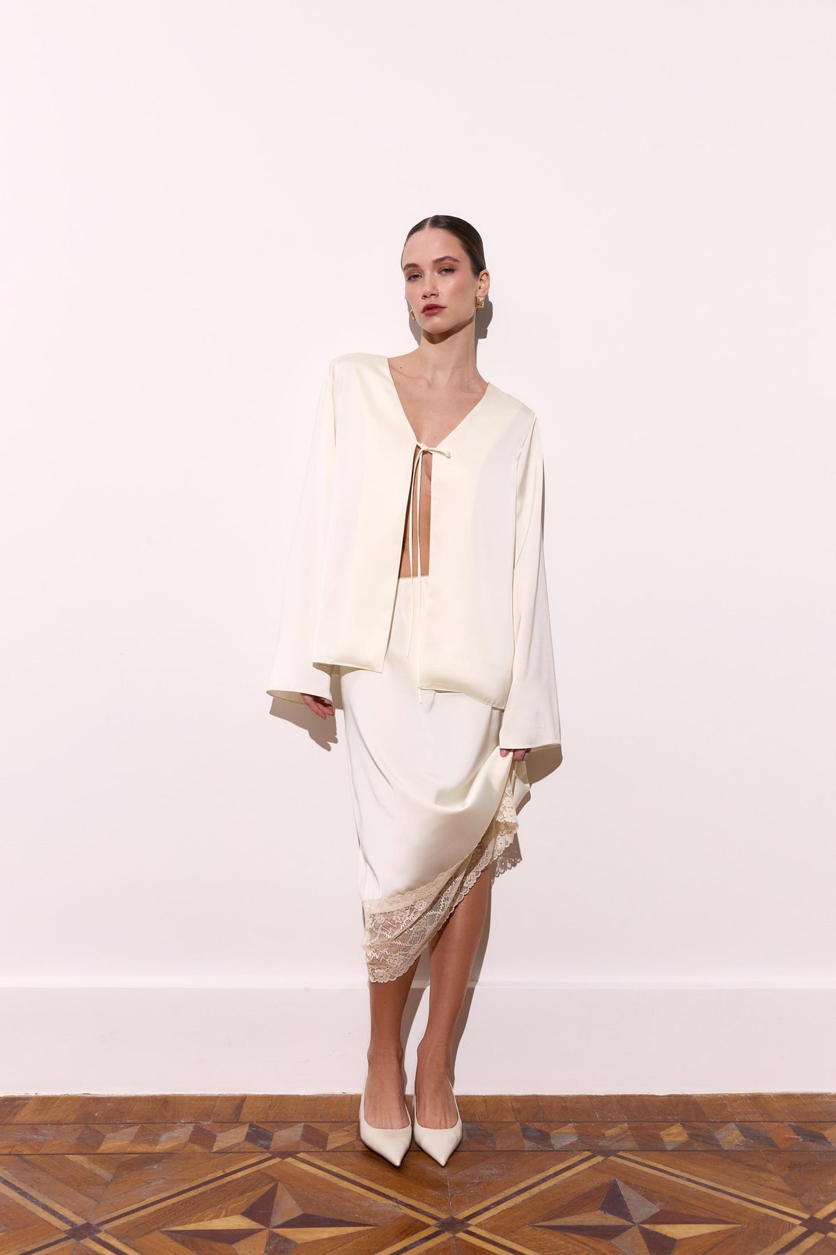 Romy White Satin Midi Skirt — view 2