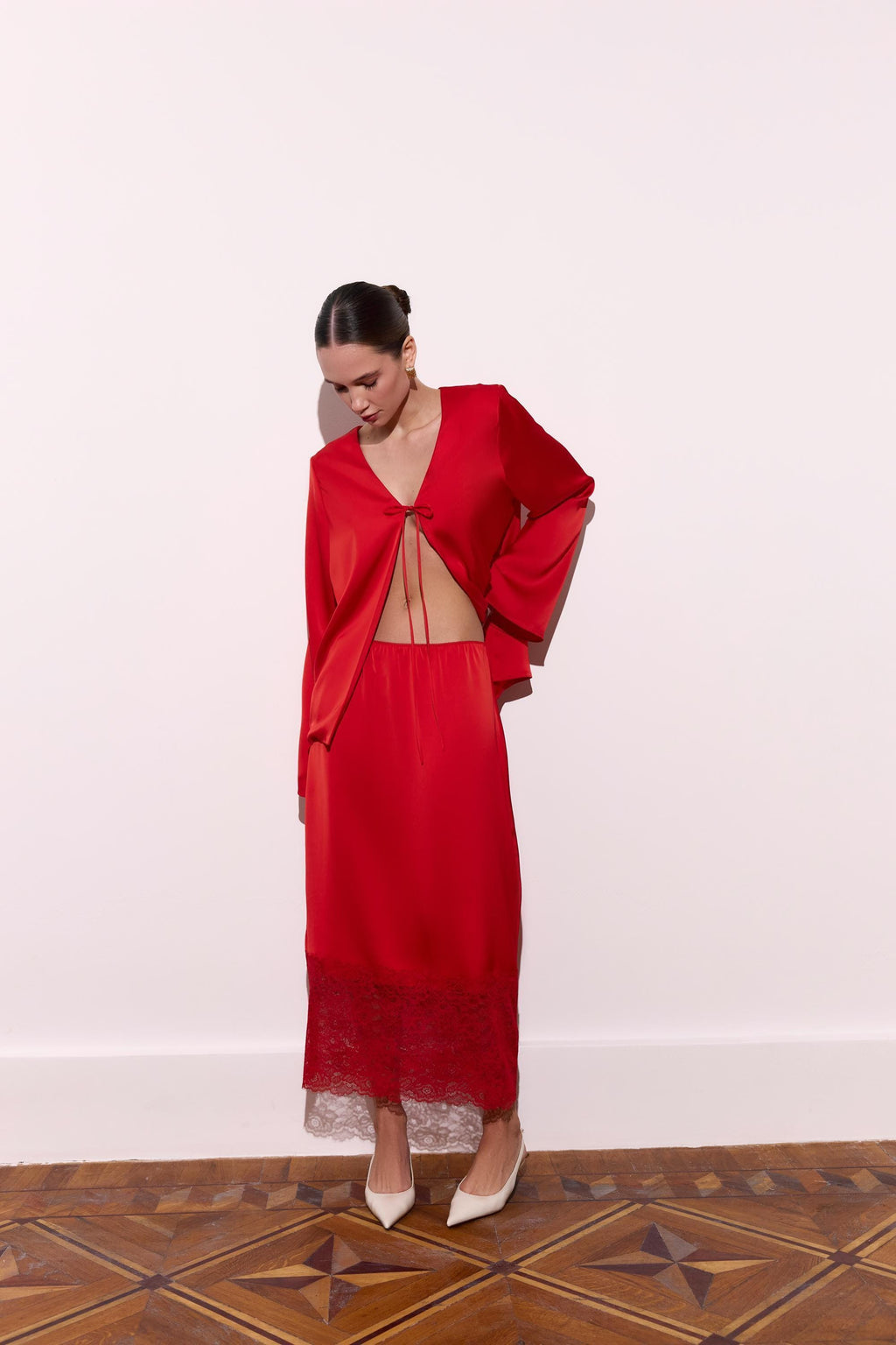 Romy White Satin Midi Skirt — view 3