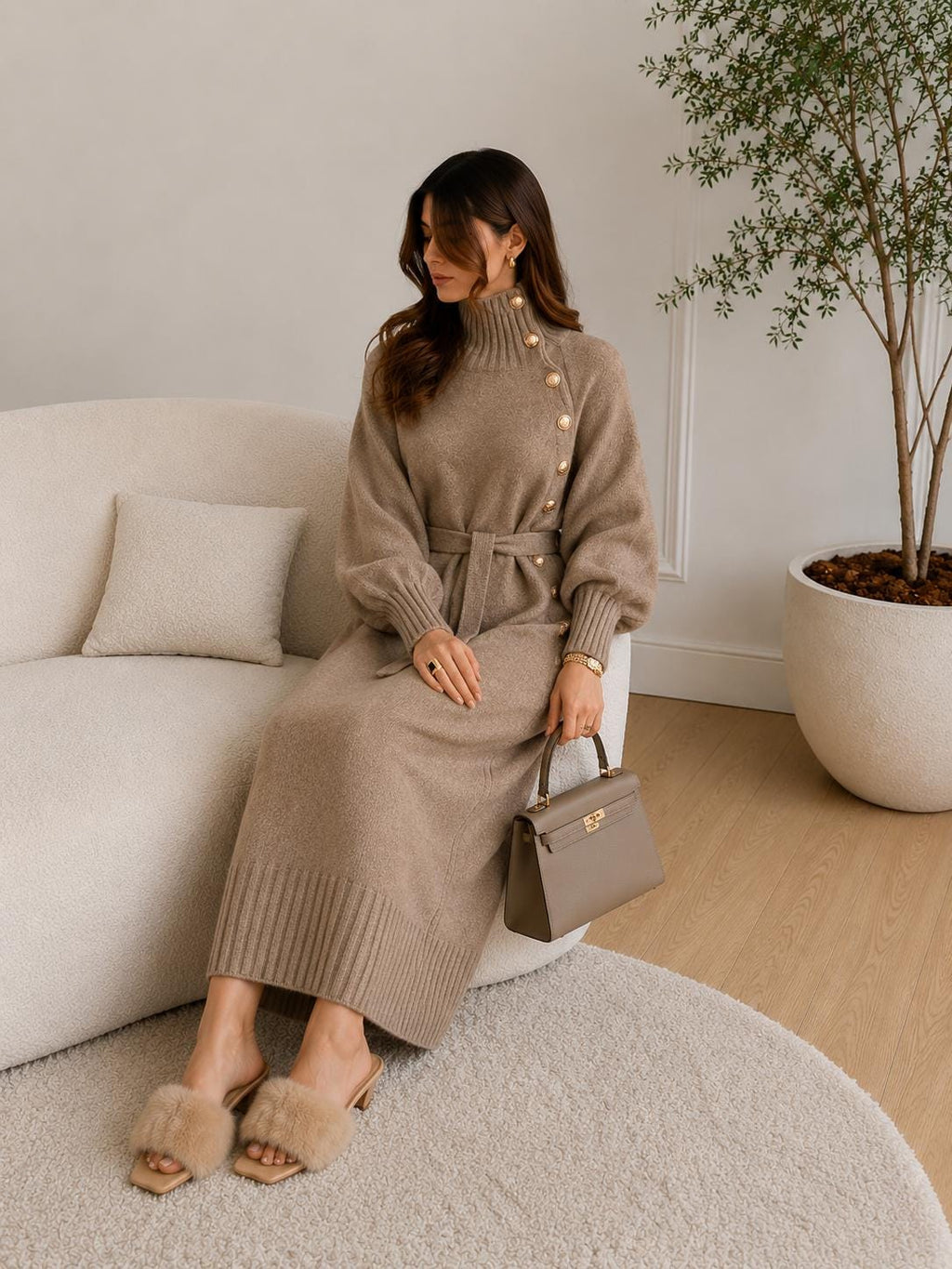Sage Brown Knit Midi Dress — view 3