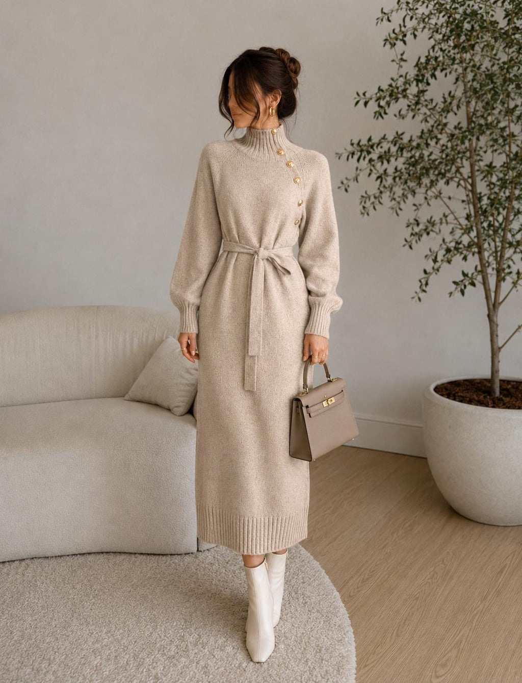 Sage Brown Knit Midi Dress — view 4