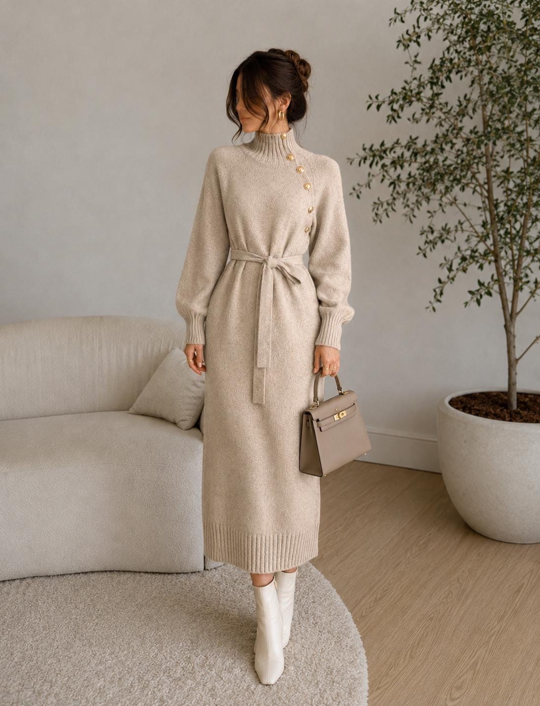 Sage Brown Knit Midi Dress — view 4