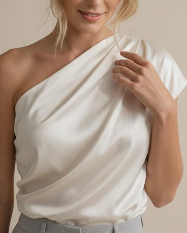 Calla Black Satin One-Shoulder Blouse — view 5
