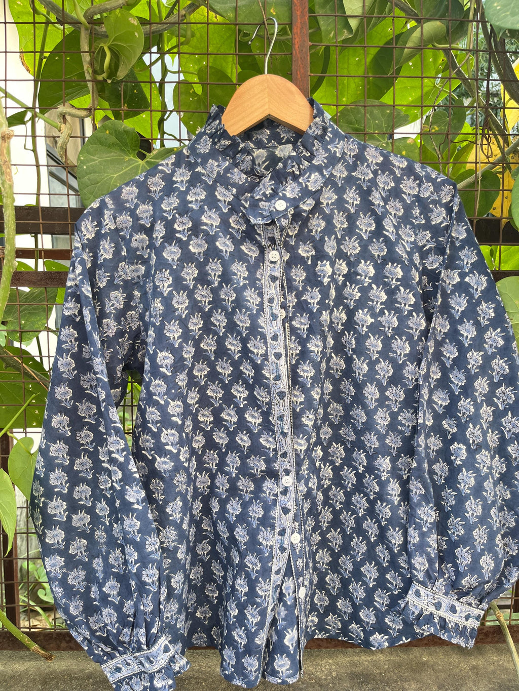 Cora Block-Print Cotton Ruffle Blouse — Paris Boutique