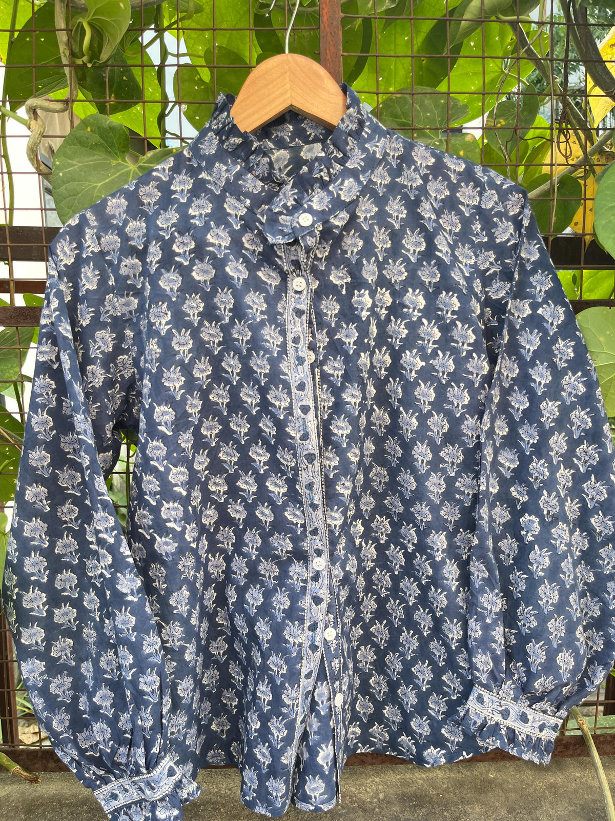 Cora Block-Print Cotton Ruffle Blouse — view 3
