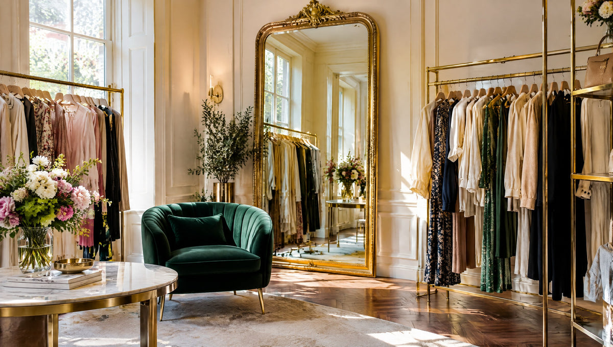 Elegant boutique with brass rails and a gilded mirror