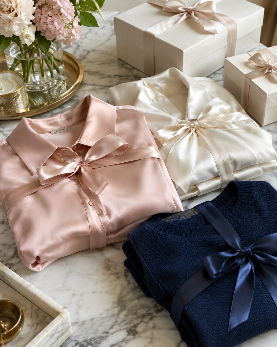Folded blouses and knits tied with ribbon