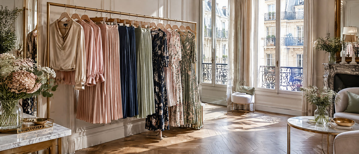 Boutique rail of satin blouses, midi skirts and floral dresses at Paris Boutique