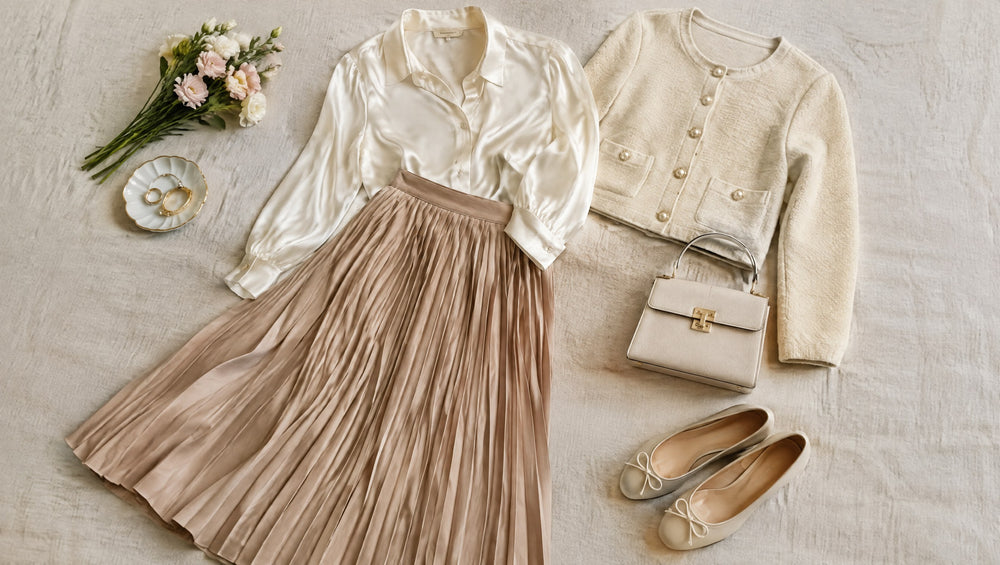 Flat lay of a satin blouse, pleated midi skirt and cropped cardigan